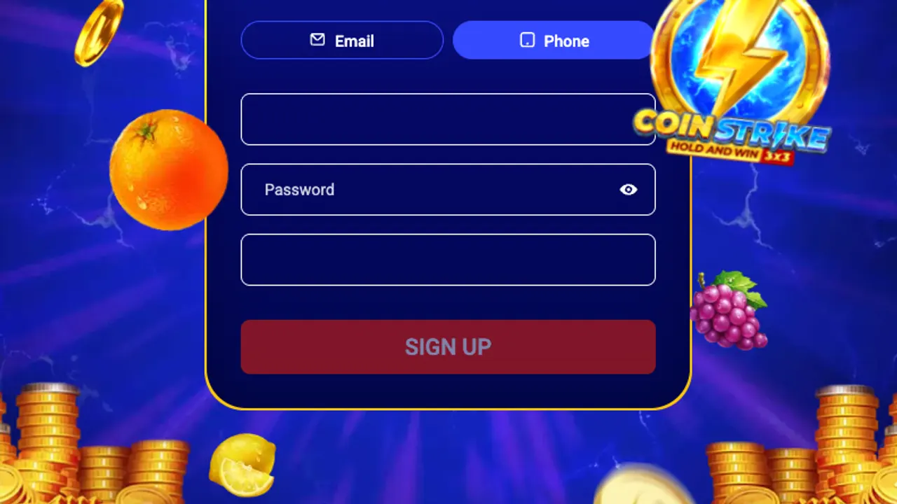 Mostbet sign-in screen art with the Coin Strike slot